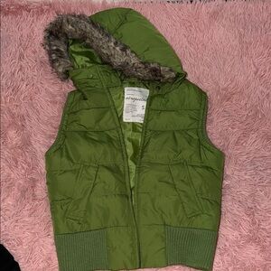 Aeropostale Olive Hooded Vest with Faux Fur